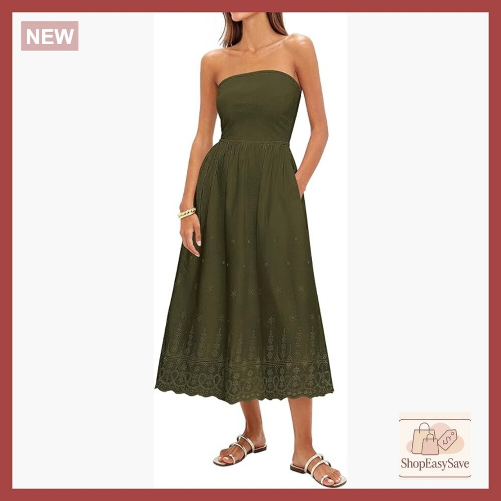 Strapless Maxi Dress Eyelet Embroidery Fit Flare Pockets Summer Chic